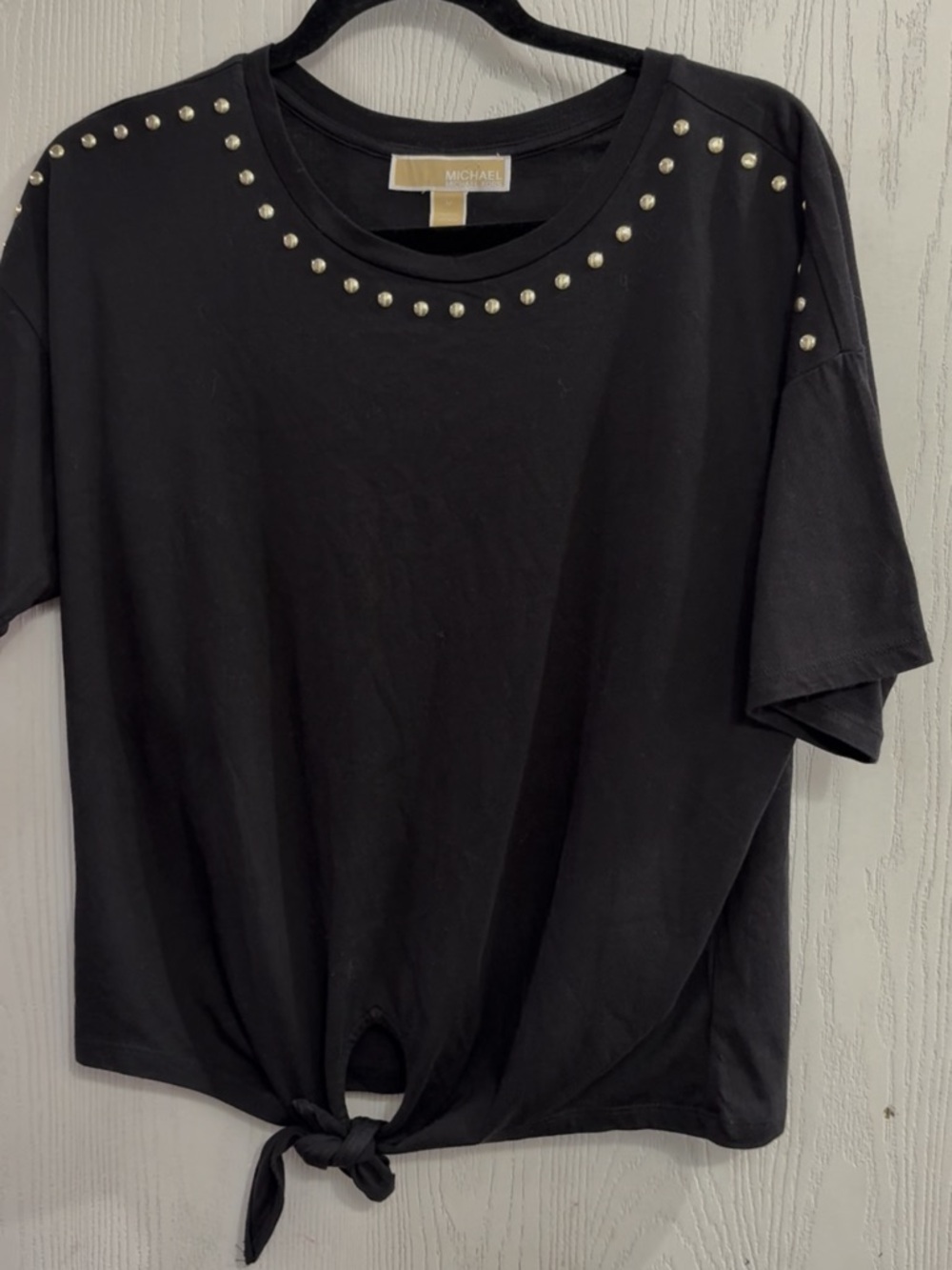 Michael Kors Black Short-Sleeve Tee with Silver Studs and Tie Hem